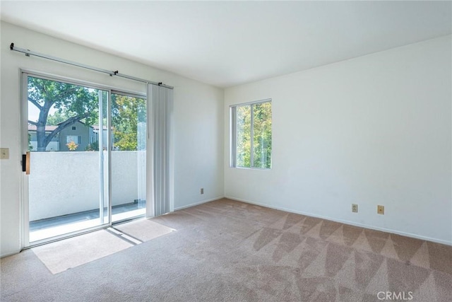 unfurnished room with a healthy amount of sunlight, baseboards, and carpet