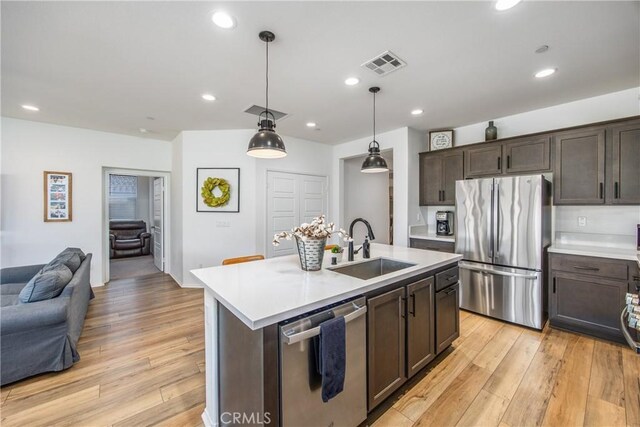 kitchen featuring visible vents, dark brown cabinetry, light countertops, a sink, and stainless steel appliances