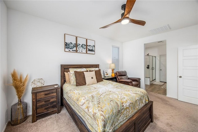 bedroom with baseboards, a ceiling fan, light colored carpet, and visible vents