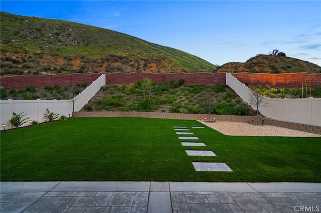 view of yard featuring a fenced backyard and a mountain view