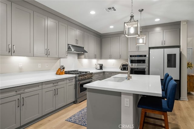 kitchen with visible vents, appliances with stainless steel finishes, gray cabinetry, a sink, and under cabinet range hood