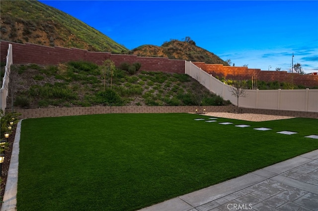 view of yard with a fenced backyard and a mountain view