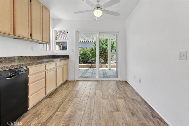 40684 Corte Albara, Murrieta, CA 92562 - kitchen with a ceiling fan, light brown cabinets, light wood-style flooring, and dishwasher