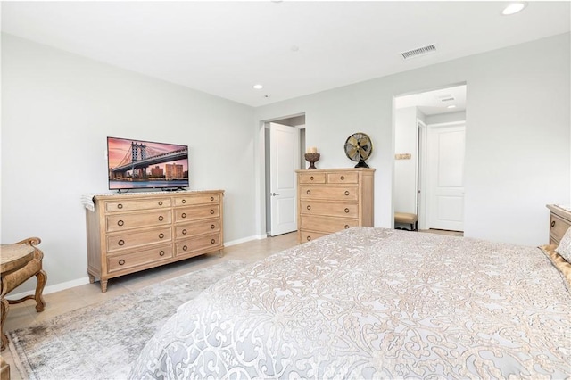 bedroom with recessed lighting, baseboards, visible vents, and tile patterned flooring