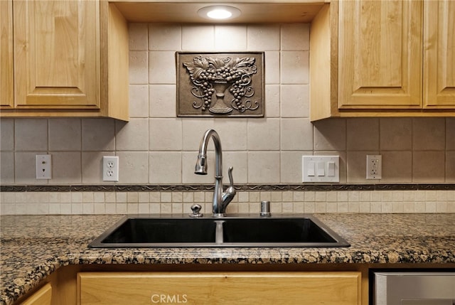 14124 Rollins Ct, Magalia, CA 95954 - kitchen with a sink, decorative backsplash, dark stone counters, and light brown cabinetry