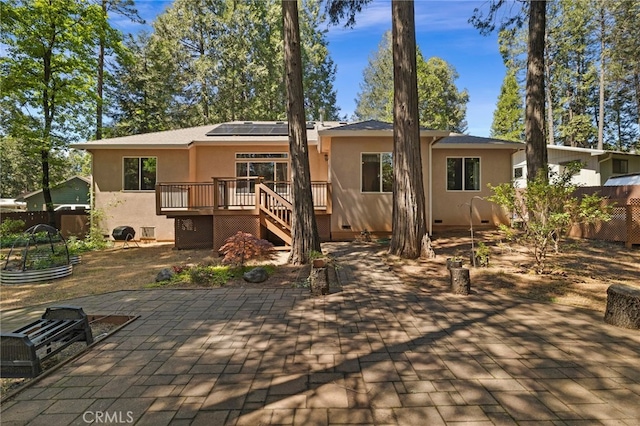 14124 Rollins Ct, Magalia, CA 95954 - rear view of property with stairs, stucco siding, a deck, crawl space, and a patio