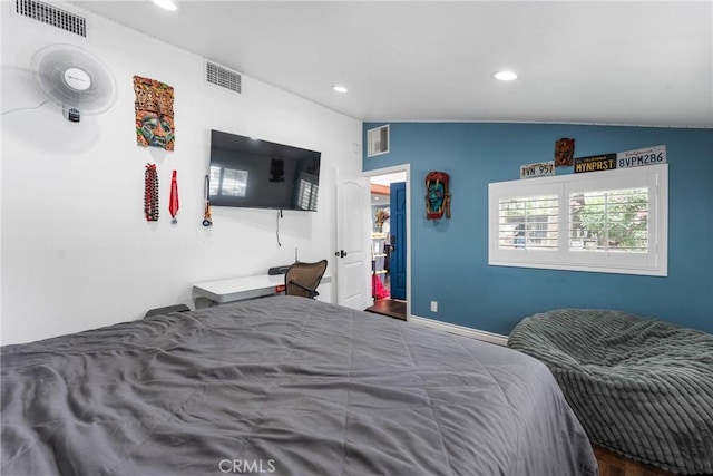 31869 Florida St, Redlands, CA 93373 - bedroom with recessed lighting, visible vents, and vaulted ceiling
