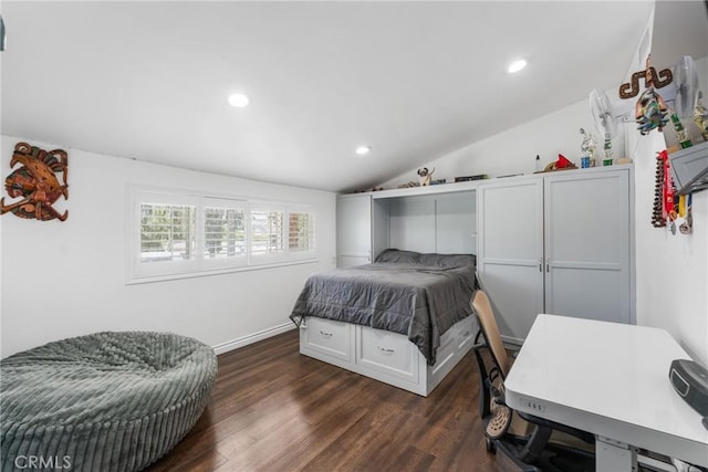 31869 Florida St, Redlands, CA 93373 - bedroom with vaulted ceiling, dark wood-style flooring, baseboards, and recessed lighting