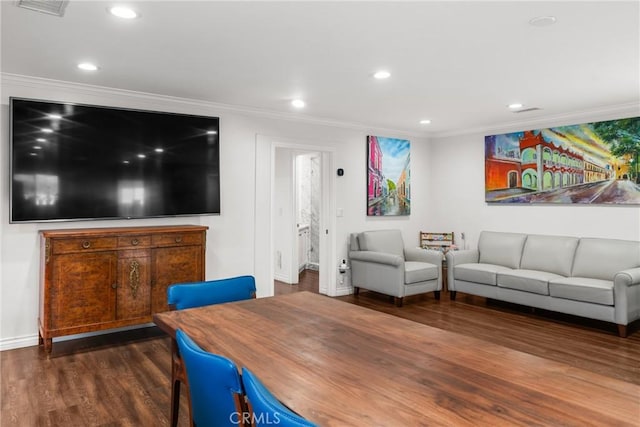 31869 Florida St, Redlands, CA 93373 - living area with wood finished floors, visible vents, baseboards, ornamental molding, and recessed lighting