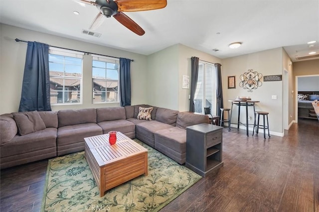 13836 Balboa Blvd Unit 164, Sylmar, CA 91342 - living area featuring dark wood-style flooring, a ceiling fan, and plenty of natural light