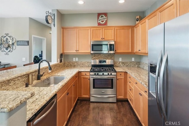 13836 Balboa Blvd Unit 164, Sylmar, CA 91342 - kitchen with light brown cabinetry, appliances with stainless steel finishes, a sink, and dark wood finished floors