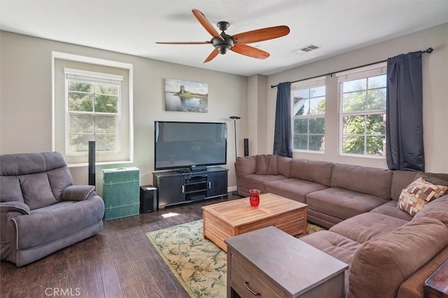 13836 Balboa Blvd Unit 164, Sylmar, CA 91342 - living room with a healthy amount of sunlight, ceiling fan, dark wood finished floors, and visible vents