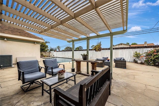 view of patio featuring a pergola, cooling unit, a fenced backyard, an outdoor living space, and a fenced in pool