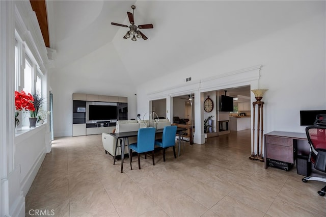 interior space featuring high vaulted ceiling, ceiling fan, and visible vents