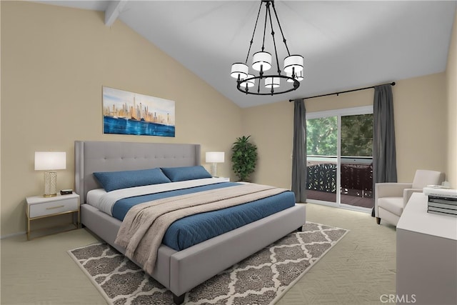 carpeted bedroom featuring access to outside, a chandelier, and vaulted ceiling with beams