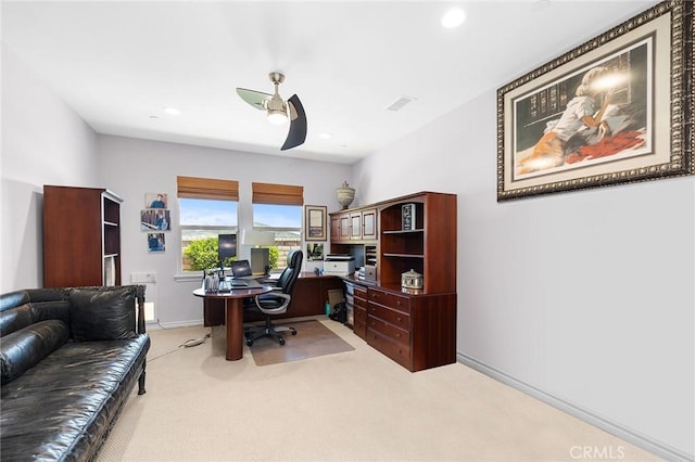 office area featuring a ceiling fan, visible vents, baseboards, light carpet, and recessed lighting