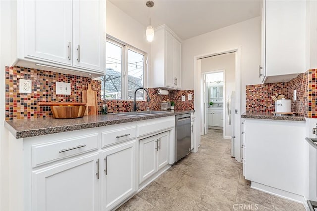 2750 Fanwood Ave, Long Beach, CA 90815 - kitchen featuring dishwasher, white cabinetry, decorative backsplash, and decorative light fixtures