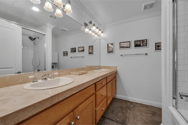7132 Farralone Ave Unit 203, Canoga Park, CA 91303 - full bathroom with double vanity, tile patterned floors, ornamental molding, and a sink