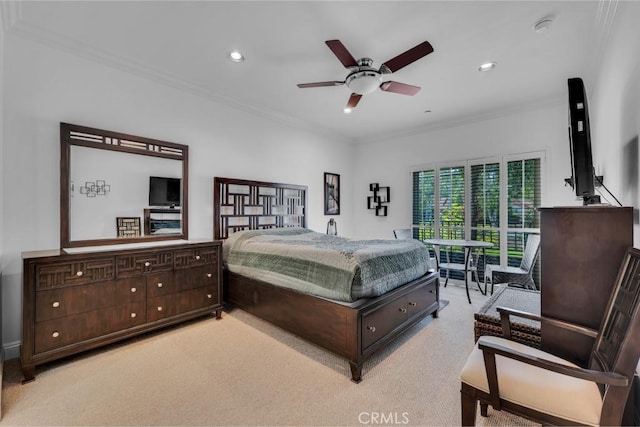 7132 Farralone Ave Unit 203, Canoga Park, CA 91303 - bedroom featuring light colored carpet, recessed lighting, crown molding, and ceiling fan