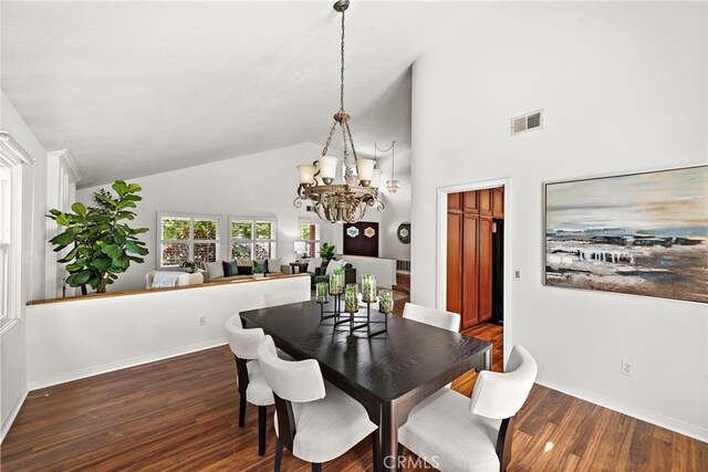 25122 Black Horse Ln, Laguna Hills, CA 92653 - dining room featuring a notable chandelier, baseboards, visible vents, high vaulted ceiling, and wood finished floors