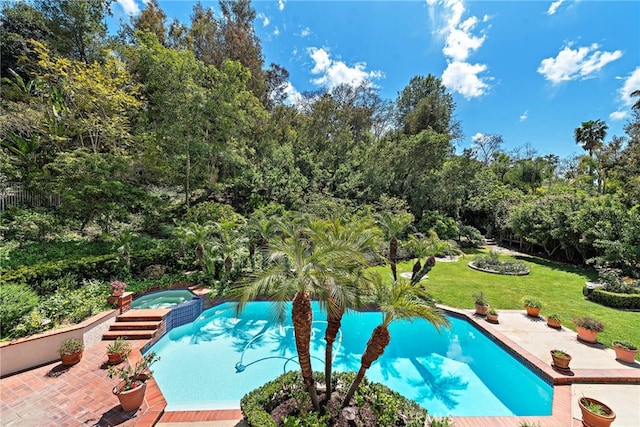 25122 Black Horse Ln, Laguna Hills, CA 92653 - swimming pool featuring an in-ground hot tub, a yard, a patio area, and view of wooded area