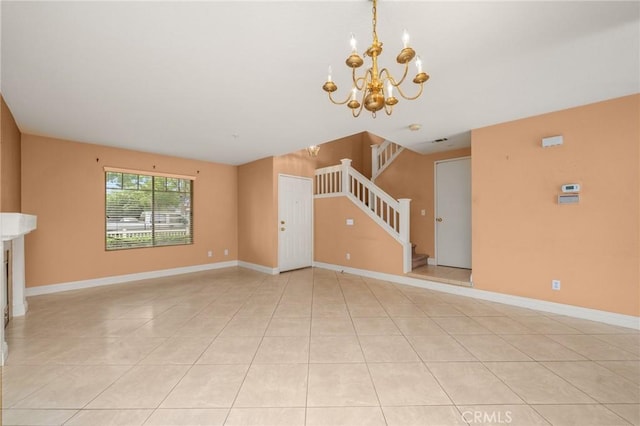 unfurnished living room featuring stairs, baseboards, a chandelier, and light tile patterned floors