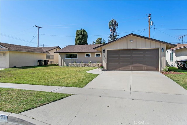 single story home with board and batten siding, an attached garage, concrete driveway, and a front yard