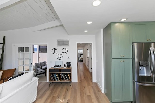 33935 Violet Lantern St, Dana Point, CA 92629 - living room with beam ceiling, light wood-style flooring, recessed lighting, baseboards, and visible vents