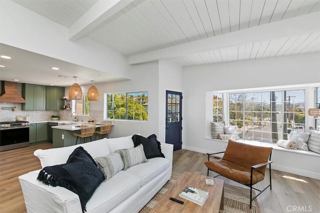 33935 Violet Lantern St, Dana Point, CA 92629 - living area featuring beam ceiling, wood finished floors, wooden ceiling, baseboards, and recessed lighting