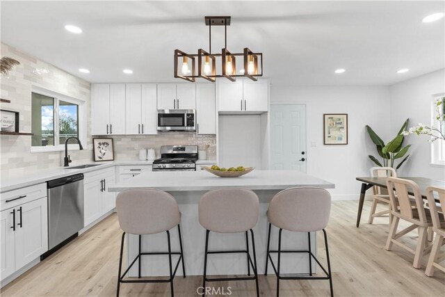 kitchen with appliances with stainless steel finishes, tasteful backsplash, a center island, a sink, and white cabinetry