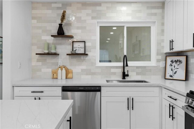 bar featuring a sink, stainless steel dishwasher, and backsplash