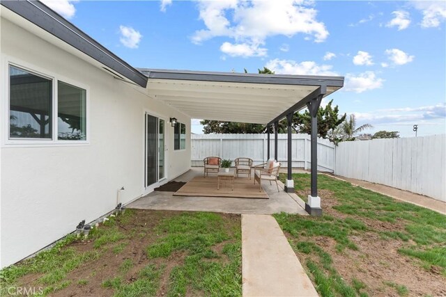 view of yard with an outdoor hangout area, a patio, and a fenced backyard