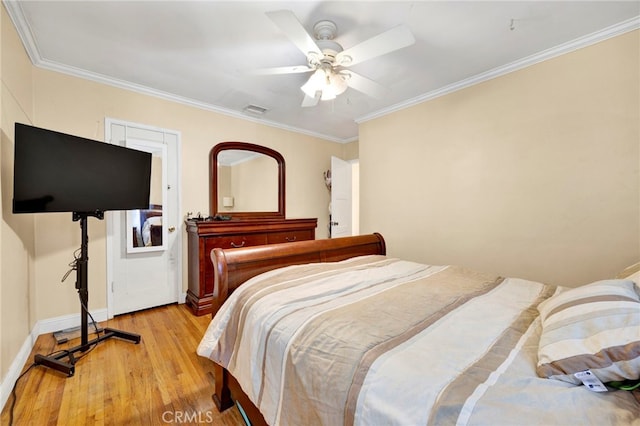 14948 Flomar Dr, Whittier, CA 90603 - bedroom featuring ceiling fan, visible vents, baseboards, ornamental molding, and light wood-style flooring