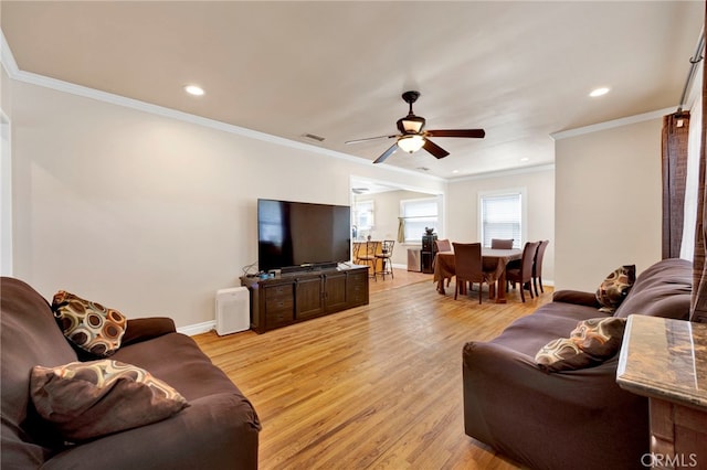 14948 Flomar Dr, Whittier, CA 90603 - living area with baseboards, ornamental molding, light wood finished floors, and ceiling fan