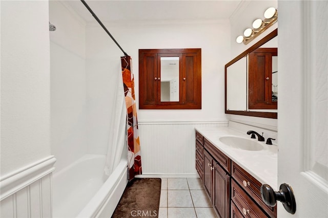 14948 Flomar Dr, Whittier, CA 90603 - full bath with crown molding, wainscoting, tile patterned flooring, vanity, and shower / bathtub combination with curtain
