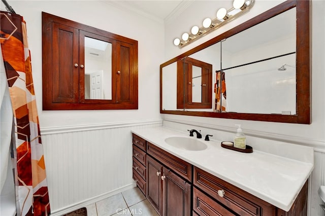 14948 Flomar Dr, Whittier, CA 90603 - bathroom with crown molding, wainscoting, vanity, tile patterned floors, and a shower with shower curtain