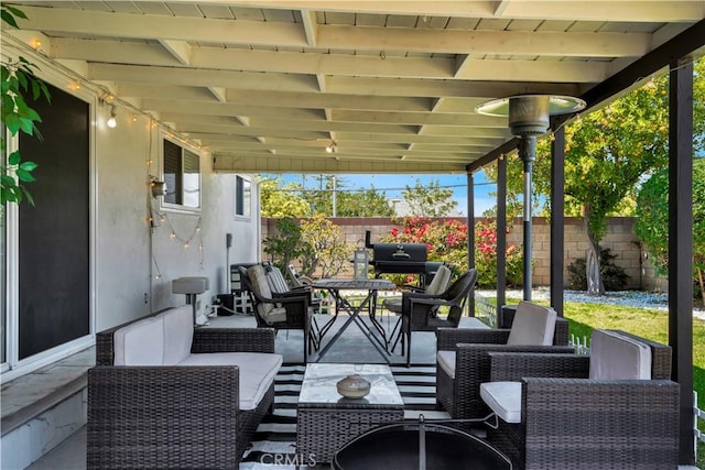 15803 Silvergrove Dr, Whittier, CA 90604 - view of patio / terrace with fence, an outdoor living space, and grilling area