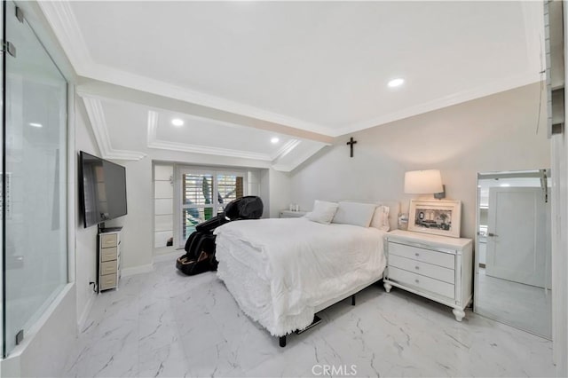 15803 Silvergrove Dr, Whittier, CA 90604 - bedroom featuring crown molding, recessed lighting, marble finish floor, and baseboards