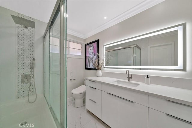 15803 Silvergrove Dr, Whittier, CA 90604 - bathroom featuring vanity, toilet, marble finish floor, a shower stall, and ornamental molding