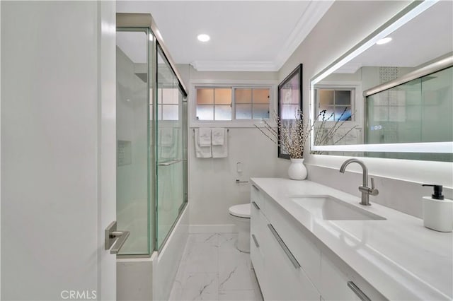 15803 Silvergrove Dr, Whittier, CA 90604 - full bath with vanity, ornamental molding, marble finish floor, toilet, and recessed lighting