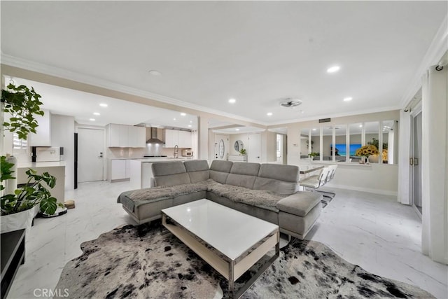 15803 Silvergrove Dr, Whittier, CA 90604 - living room featuring crown molding, baseboards, and recessed lighting