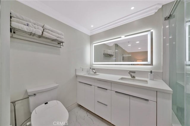 15803 Silvergrove Dr, Whittier, CA 90604 - full bathroom with crown molding, a sink, marble finish floor, and a shower with shower door