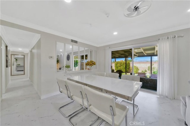 15803 Silvergrove Dr, Whittier, CA 90604 - dining room featuring baseboards, ornamental molding, and visible vents