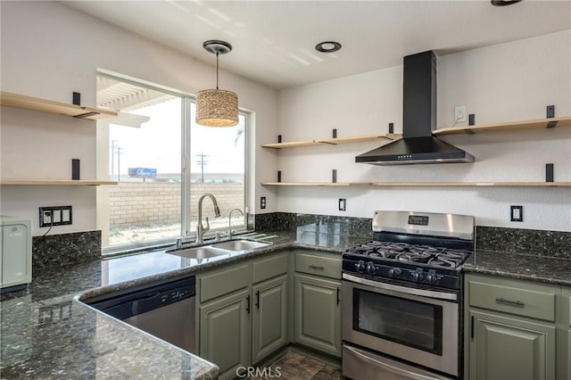 kitchen with open shelves, pendant lighting, wall chimney exhaust hood, a sink, and stainless steel appliances