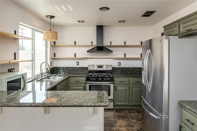 kitchen featuring open shelves, range hood, and stainless steel appliances