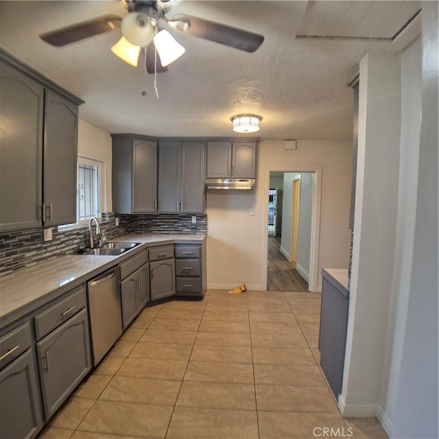 804 S Mayo Ave, Compton, CA 90221 - kitchen with a sink, gray cabinets, dishwasher, ceiling fan, and backsplash
