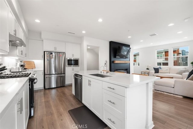 146 Fable, Irvine, CA 92618 - kitchen with stainless steel appliances, under cabinet range hood, a sink, open floor plan, and light countertops