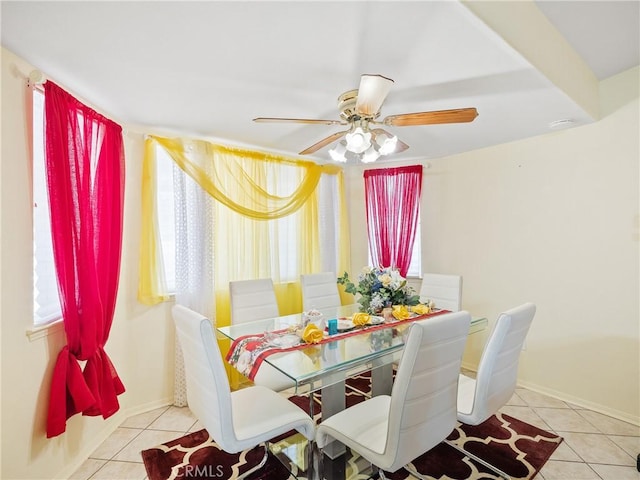 18668 Kamana Rd, Apple Valley, CA 92307 - dining space with baseboards, a ceiling fan, and tile patterned floors