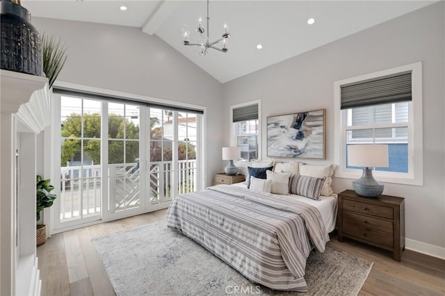 1524 Wollacott St, Redondo Beach, CA 90278 - bedroom with access to outside, a chandelier, beam ceiling, light wood-style floors, and baseboards