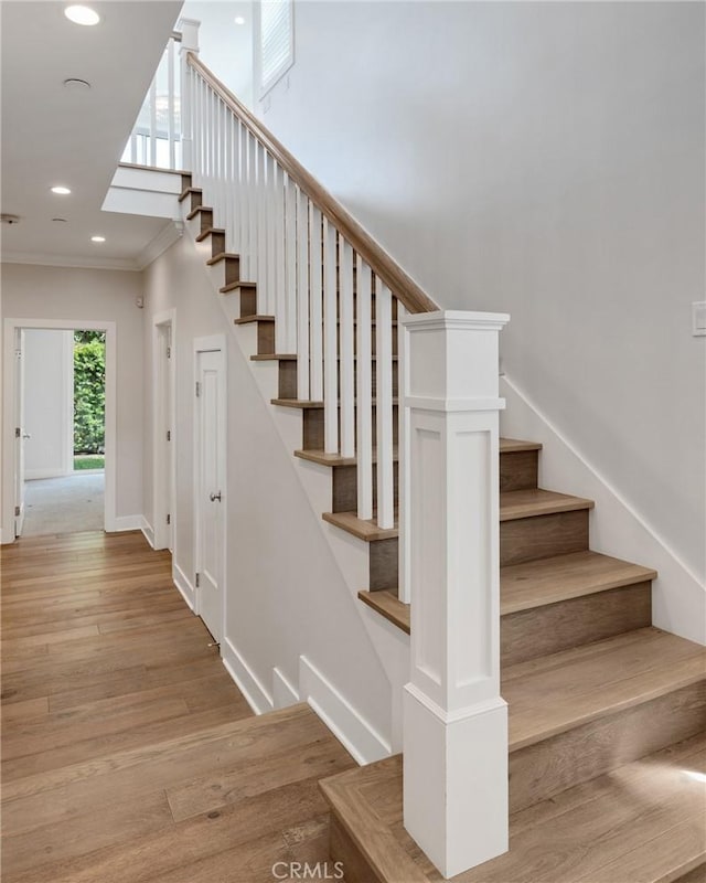 1524 Wollacott St, Redondo Beach, CA 90278 - staircase featuring crown molding, wood finished floors, baseboards, and recessed lighting